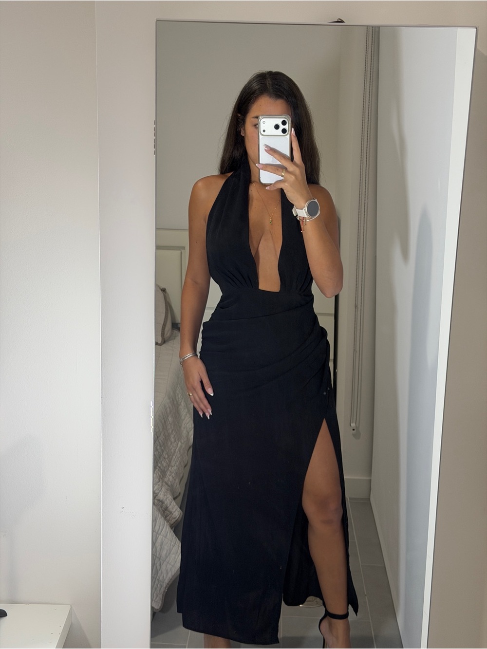 Black Halter Plunge long Dress with Side Slit